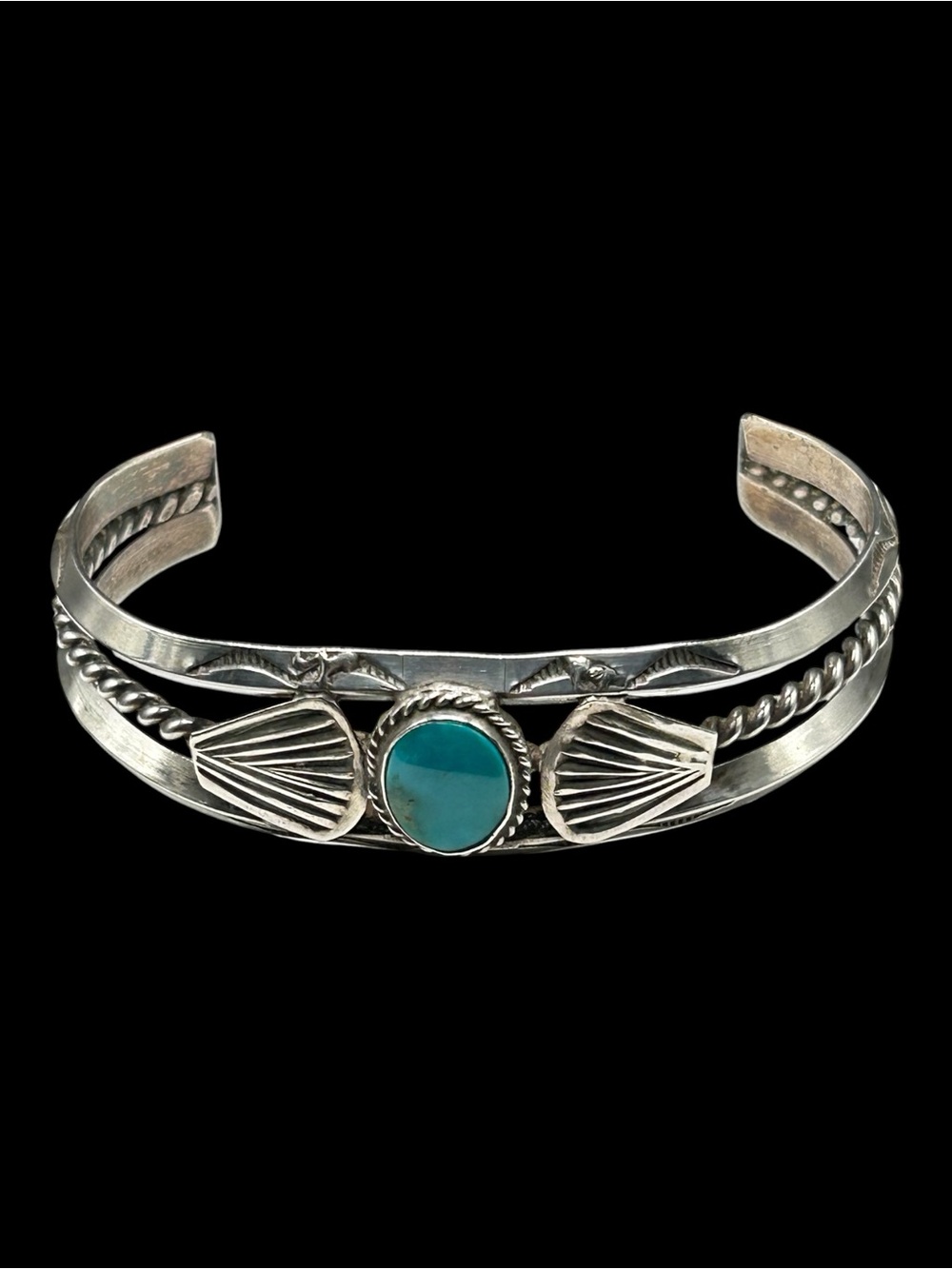 Vintage Sterling Turquoise Native American Bracelet Fan Motif Hand Stamping